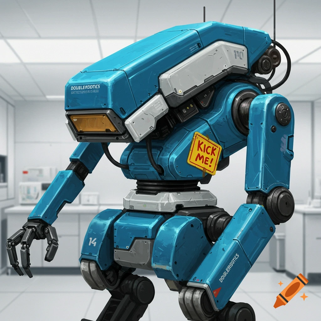 A detailed painting of a blue and grey futuristic robot with a yellow 'KICK ME!' sign attached, standing in a lab.