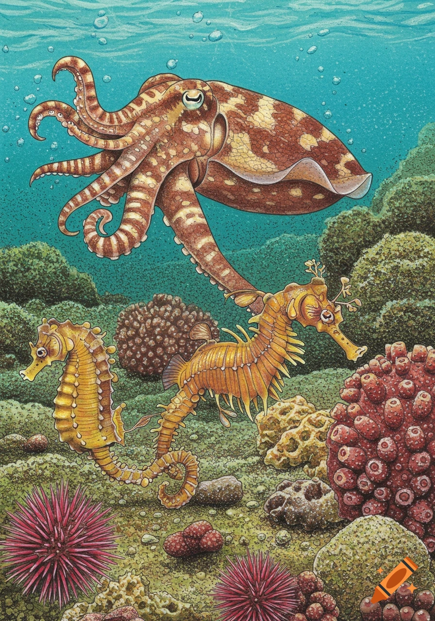 A hand-drawn illustration of a cuttlefish, two seahorses, sea urchins, and coral underwater.