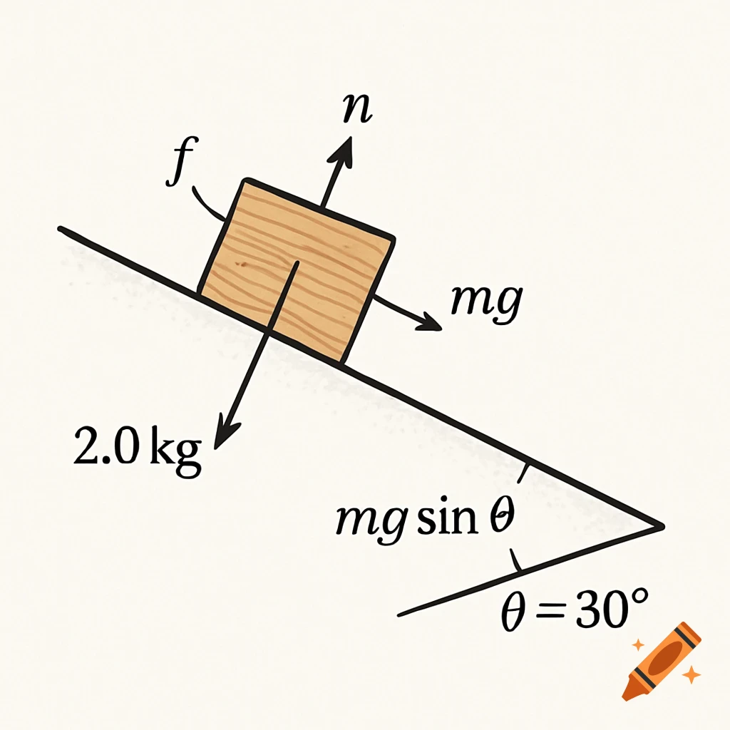 A free-body diagram illustration showing forces on a block on an inclined plane.