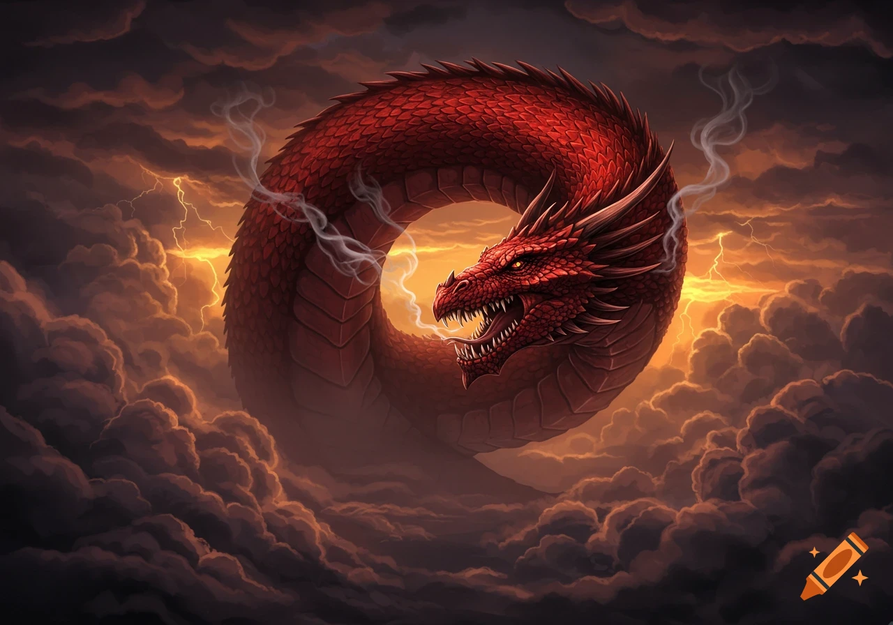 A large red dragon coils in the center of a stormy sky, surrounded by dark clouds and lightning.