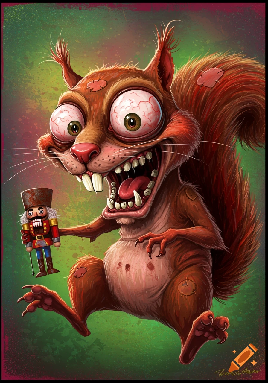 Cartoon caricature of a wild-eyed squirrel holding a nutcracker toy