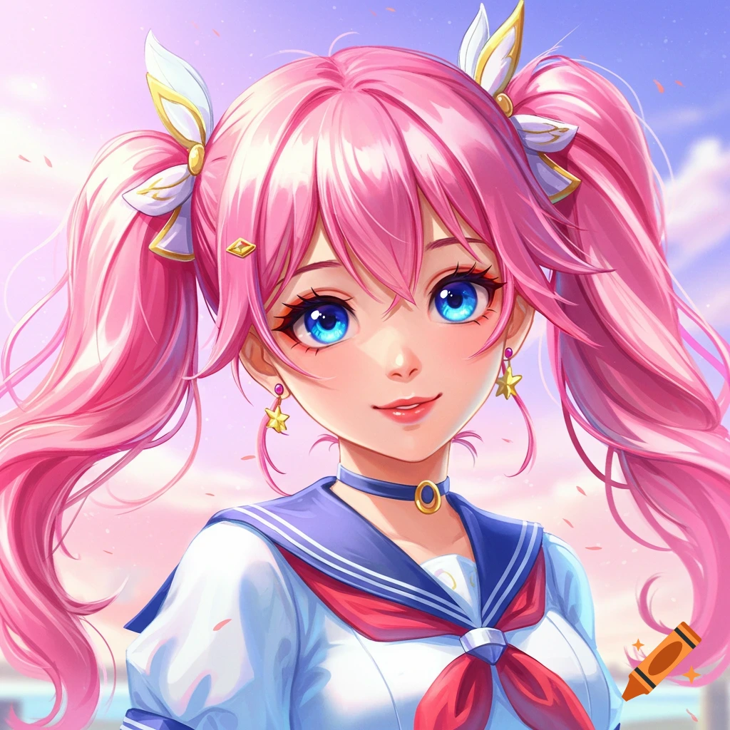 An anime girl with pink hair in pigtails, blue eyes, and a school uniform.