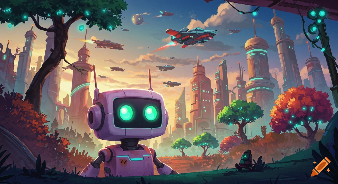 A cute robot in a vibrant futuristic city with spaceships flying overhead and colorful trees.