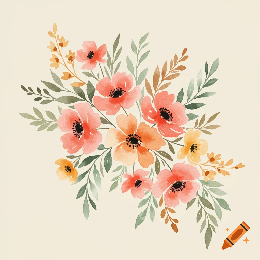 Watercolor floral arrangement on a beige background.