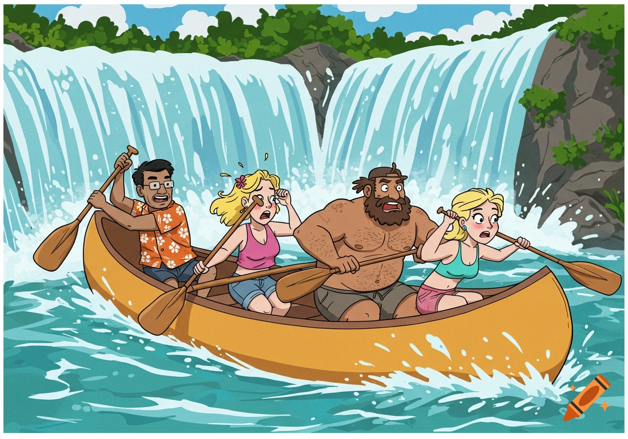 Cartoon illustration of four scared people in a canoe paddling towards a waterfall.
