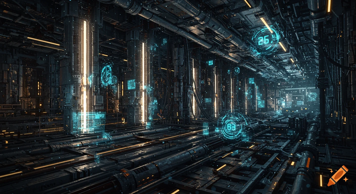 Futuristic industrial interior with pipes, glowing vertical lights, and holographic data displays.