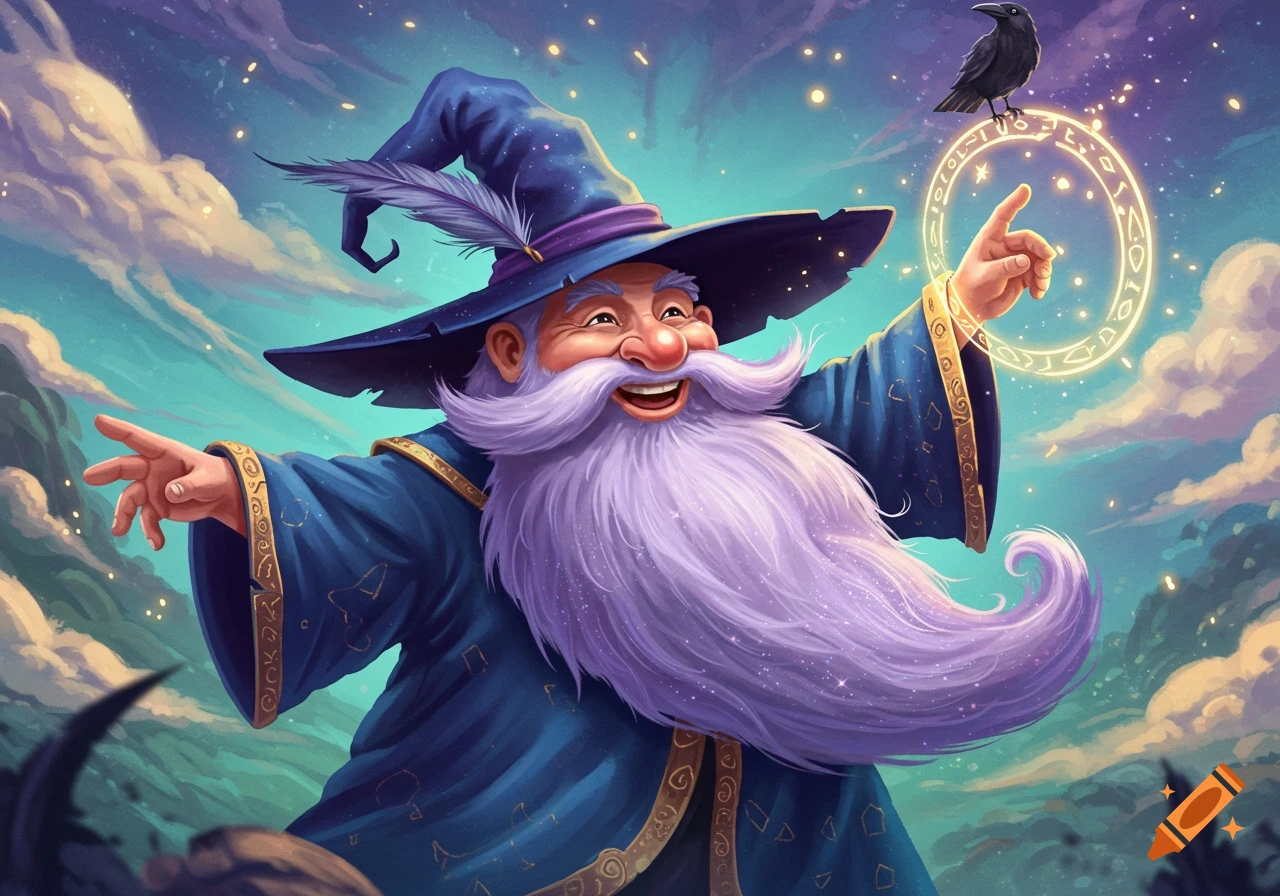 A wizard with a lavender beard points at a glowing magical circle with a raven.