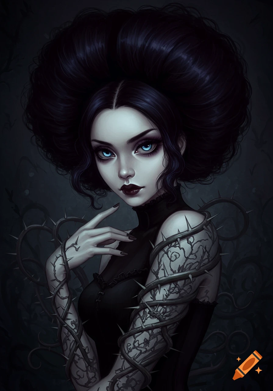 A goth girl with dark hair, blue eyes, and thorny vines wrapped around her arms.