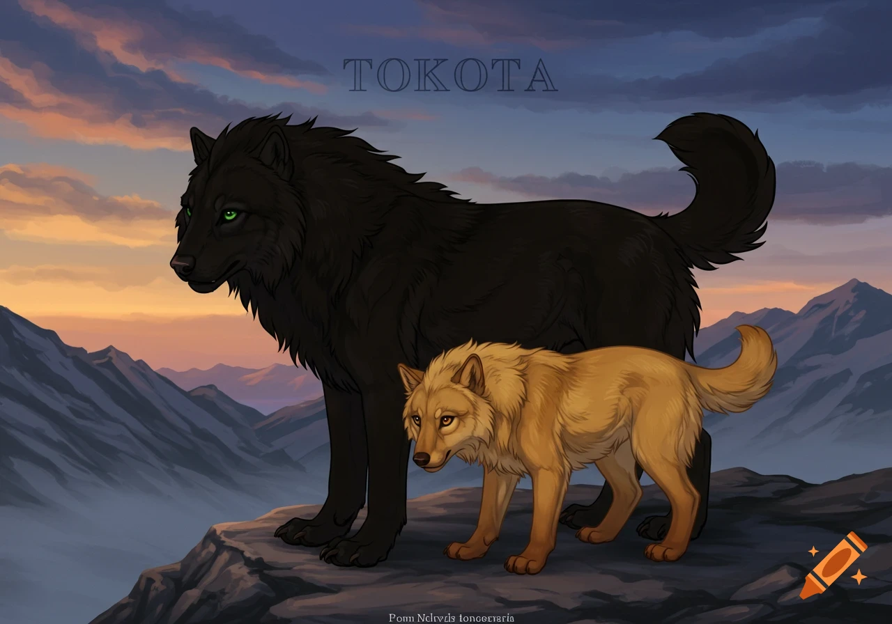 A black wolf and a tan wolf are on a mountain peak at sunset.
