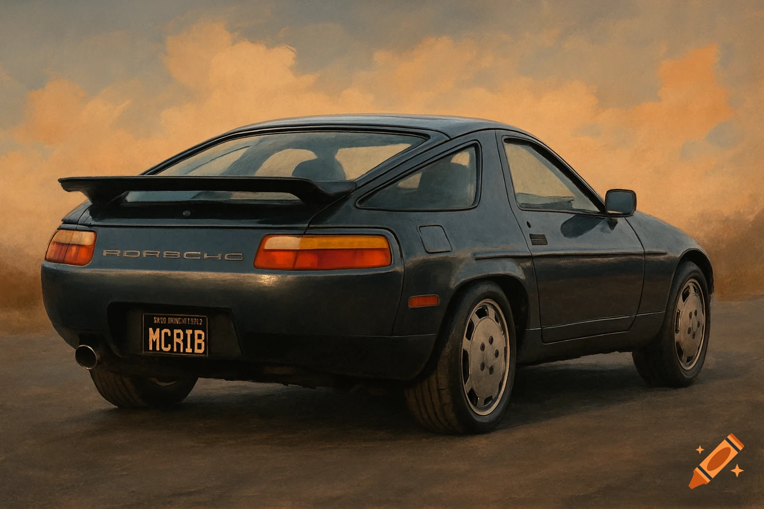 Rear view of a dark Porsche 928 car under an orange sky