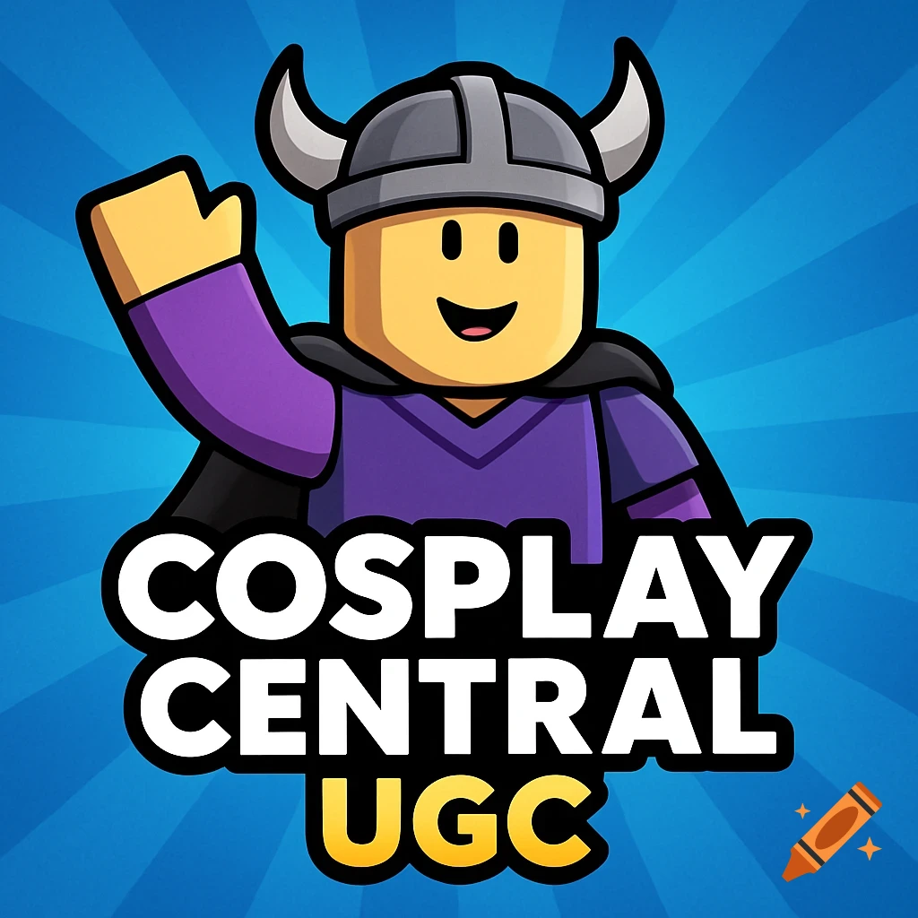 Roblox character icon wearing a viking helmet with text 'COSPLAY CENTRAL UGC' against a blue background.