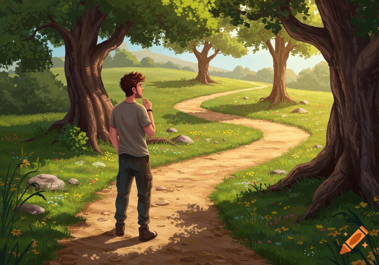 A man on a winding forest path bathed in sunlight.