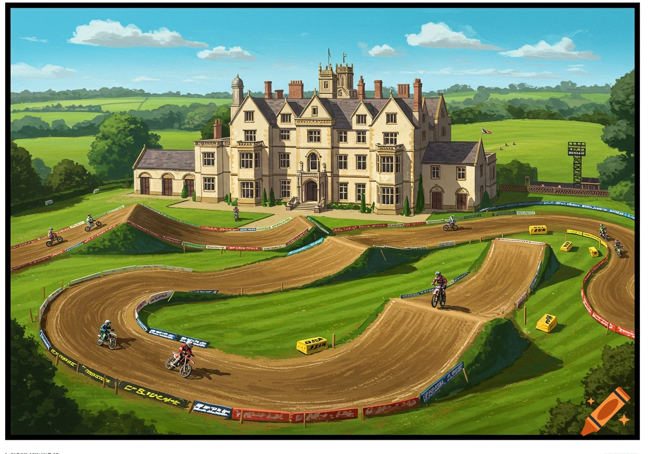 Illustrative view of a British manor house next to a motocross track with riders.