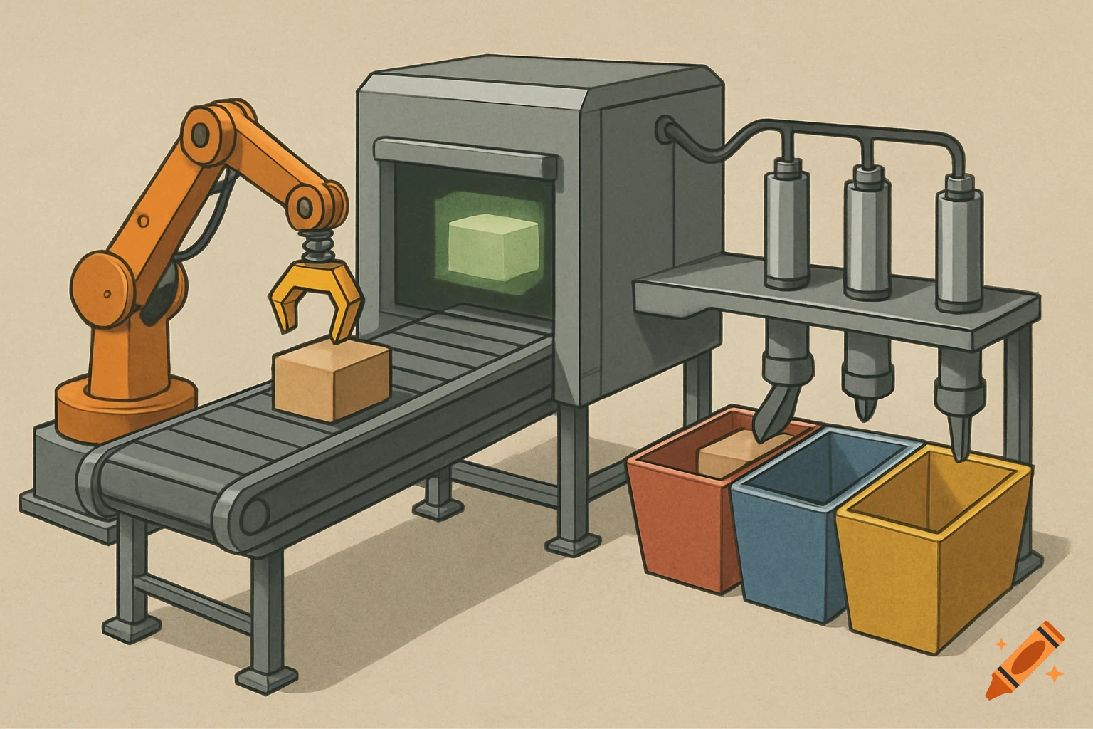 Illustration of an automated factory line with a robotic arm, conveyor belt, scanner, and sorting bins.