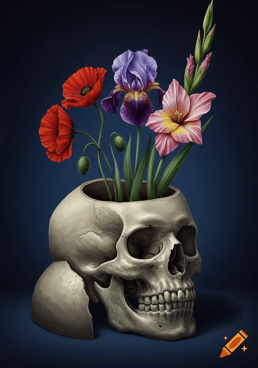 A skull with red, purple, and pink flowers growing from the top.