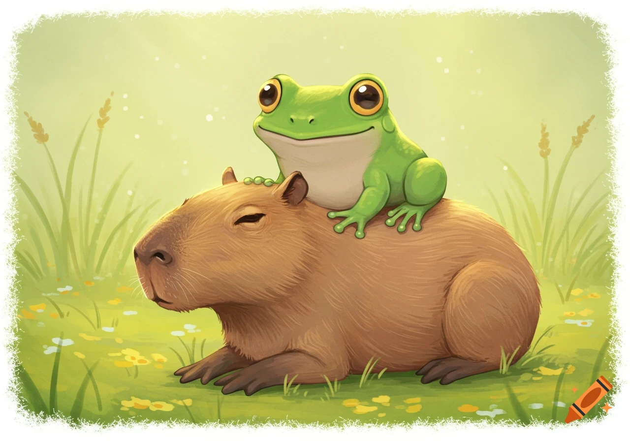A cute cartoon frog sits on a capybara in a field of grass and flowers.