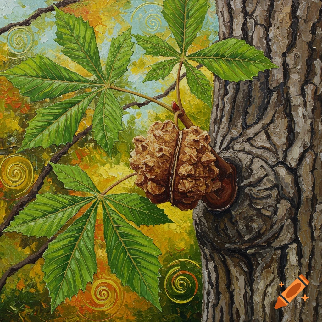 Painting of a buckeye fruit and leaves on a tree branch with visible brushstrokes.