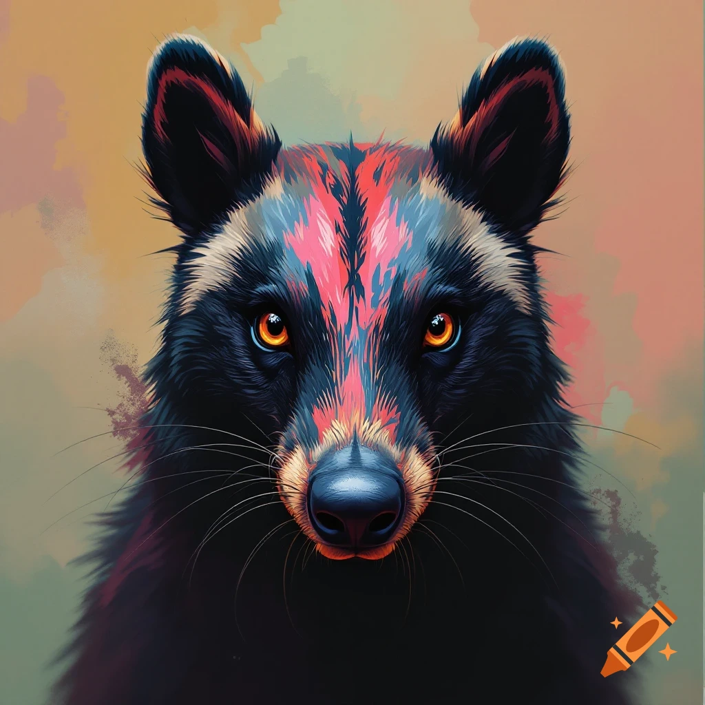 Close-up of an animal face with vibrant pink and blue markings around the eyes and forehead.