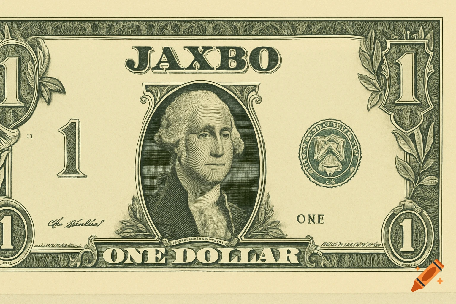 Close-up of a fake dollar bill with George Washington's portrait and 'JAXBO' printed at the top.
