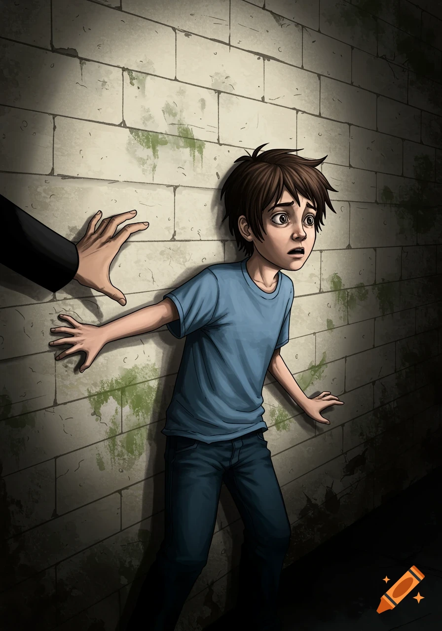 Stylized illustration of a scared boy pressed against a wall as a hand reaches towards him.