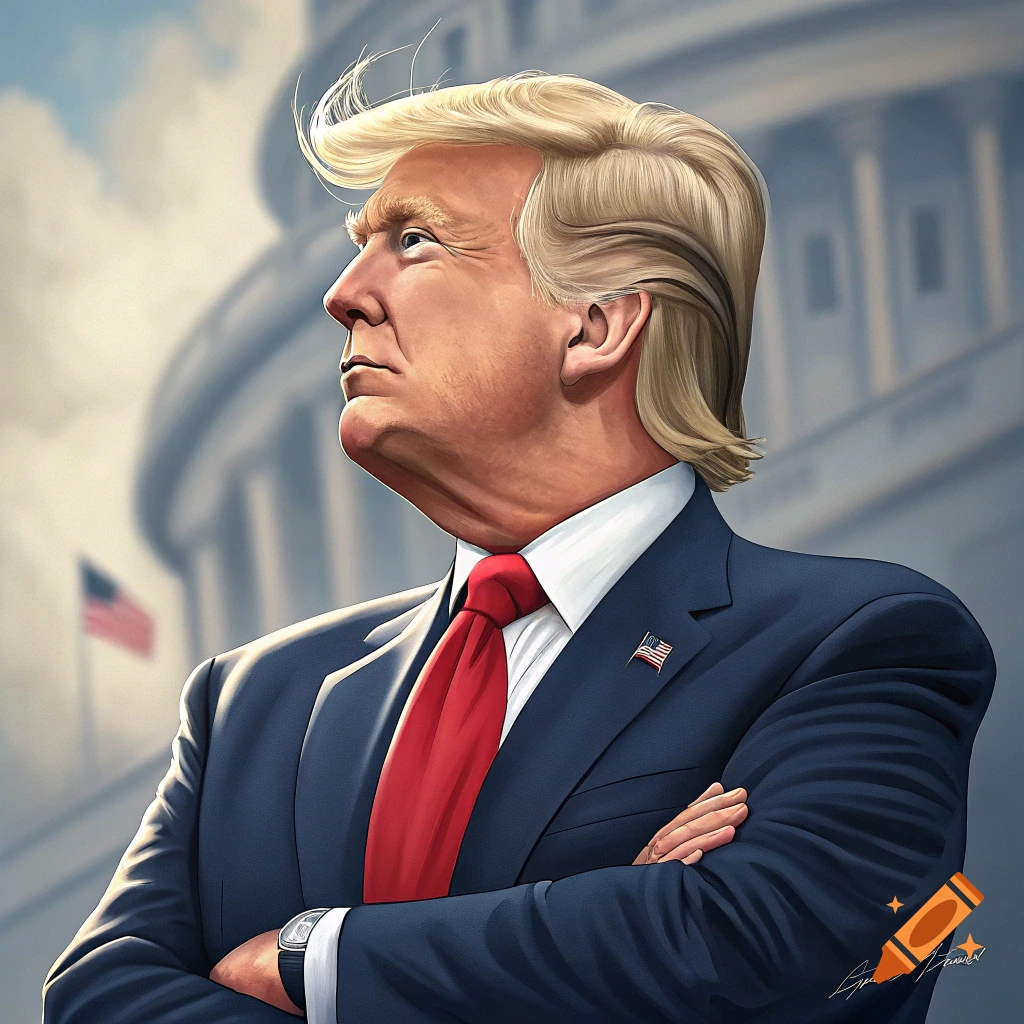 Stylized portrait of Donald Trump in a suit with a red tie in front of the US Capitol