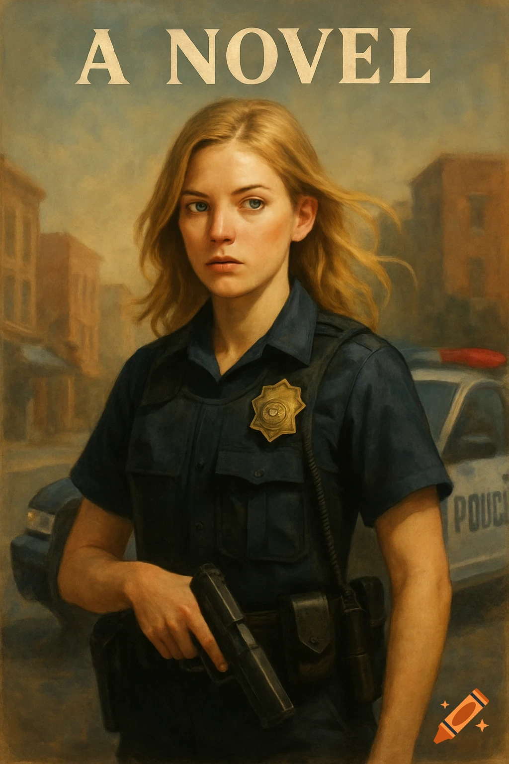A blonde woman police officer with a gun, standing in front of a police car, with "A NOVEL" written above.