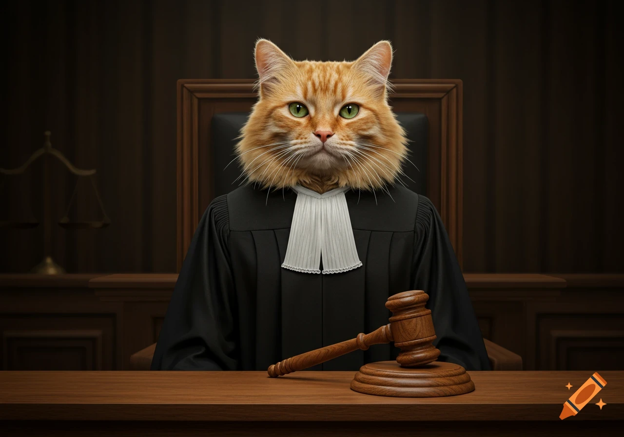 A photorealistic image of an orange cat wearing a judge's robe and jabot, sitting at a wooden desk in a courtroom with a gavel.