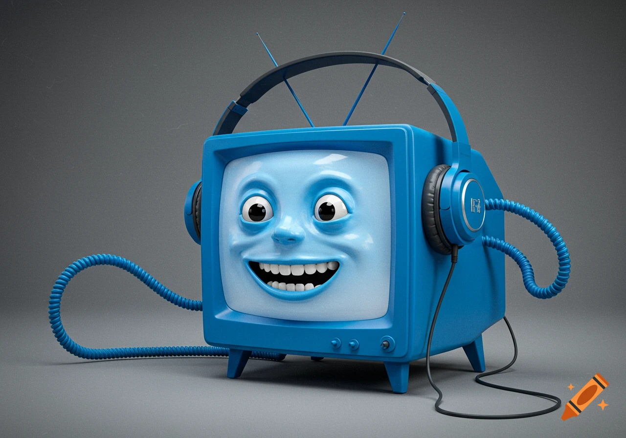 A blue anthropomorphic television with a human face on the screen wears headphones and has a coiled wire tail, rendered in a realistic 3D style.