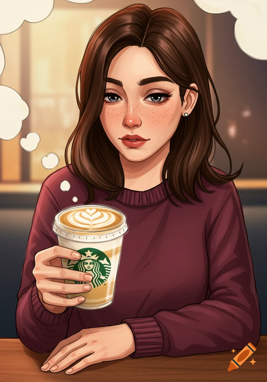 Illustration of a woman holding a latte with foam art, with thought bubbles