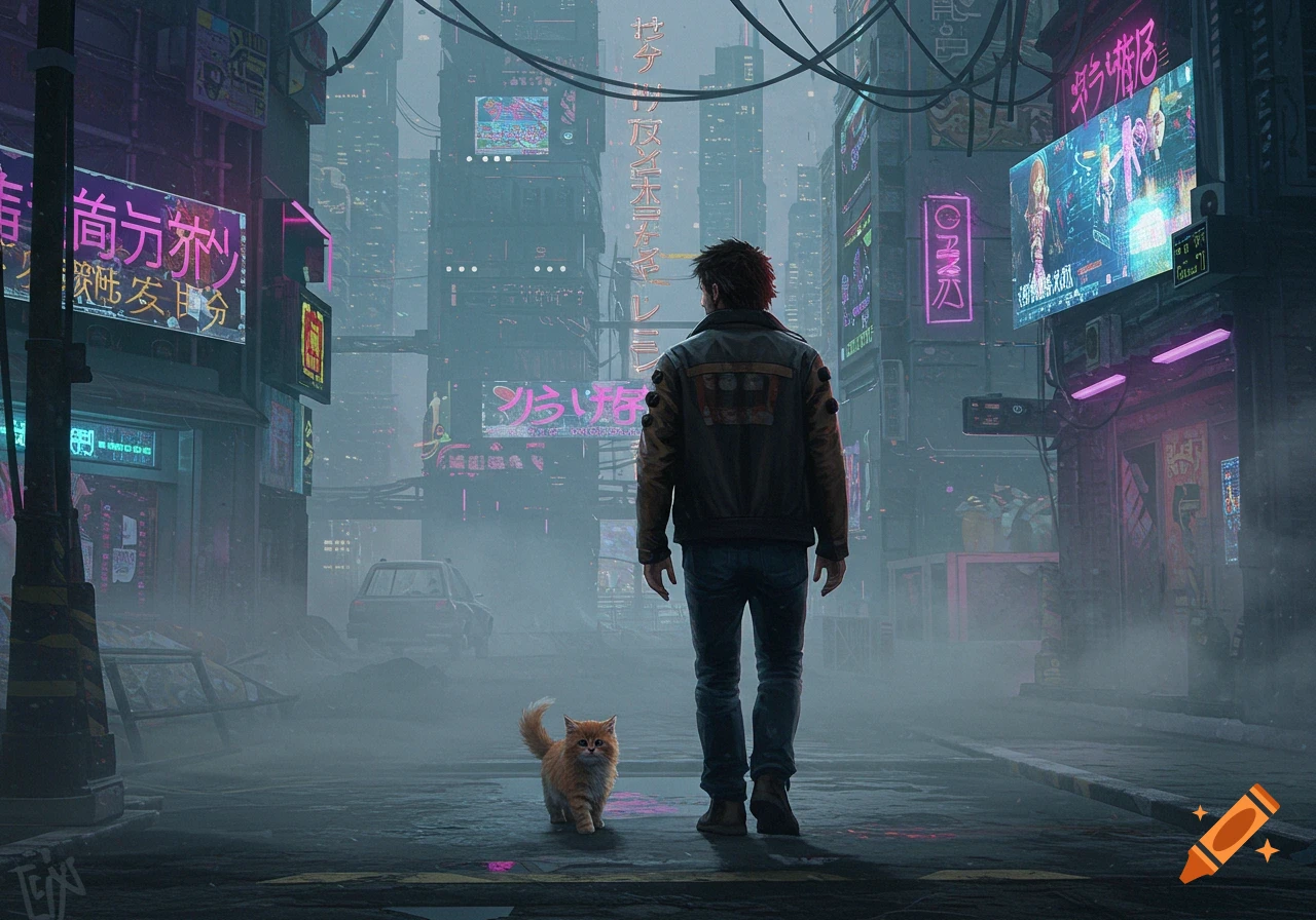 A man walking with an orange cat down a misty street in a polluted cyberpunk city with neon signs.