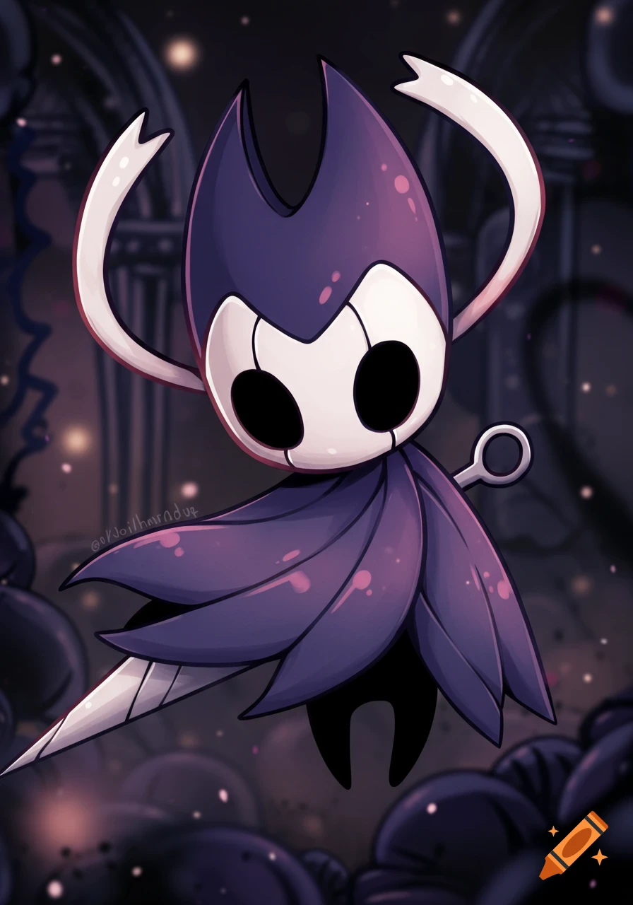 Stylized illustration of the protagonist from Hollow Knight in a purple cloak, floating in a dark environment.