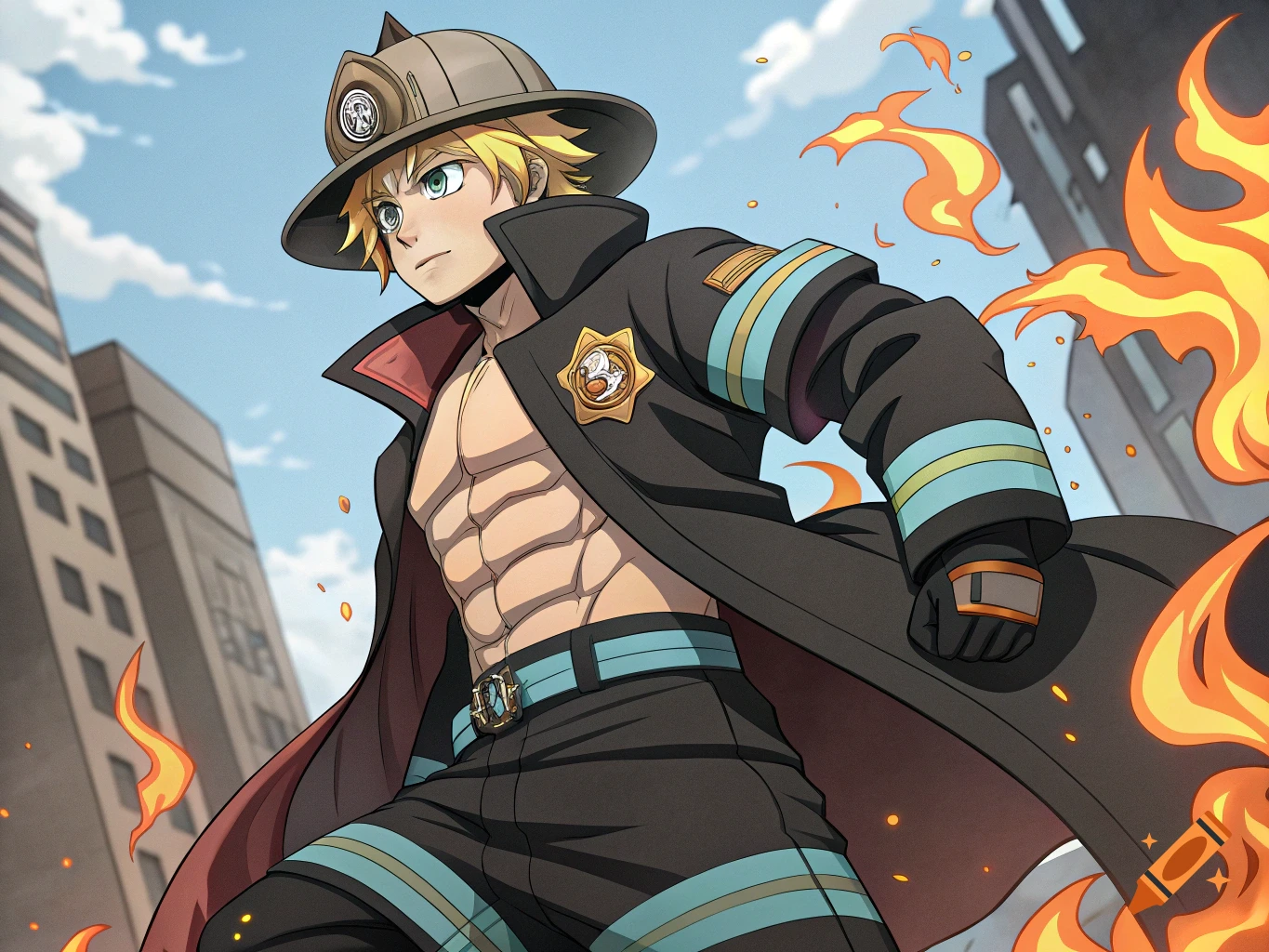 Anime firefighter character with exposed abs in city with fire