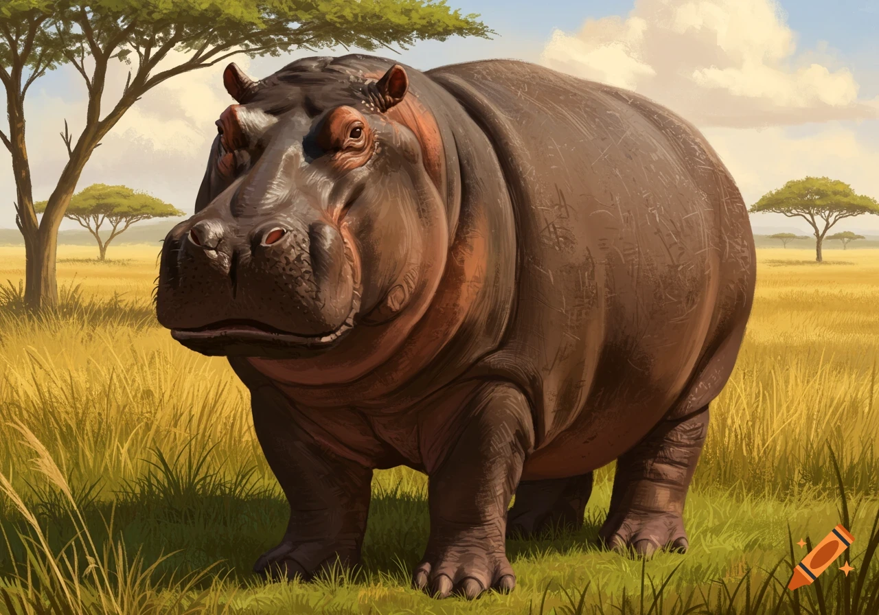 A large hippo standing in tall grass in a savanna landscape.