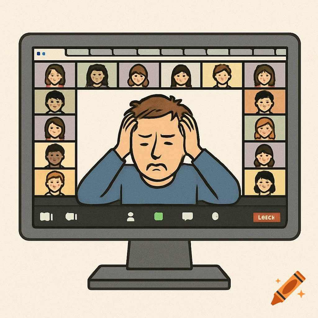Illustration of a stressed person on a computer screen during a video call.