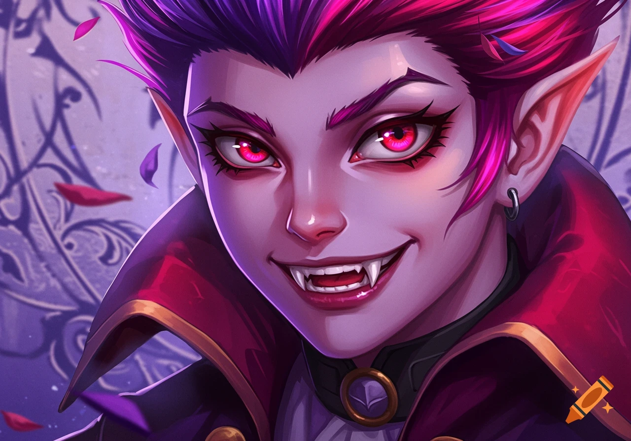Anime portrait of a smiling vampire character with fangs and red eyes