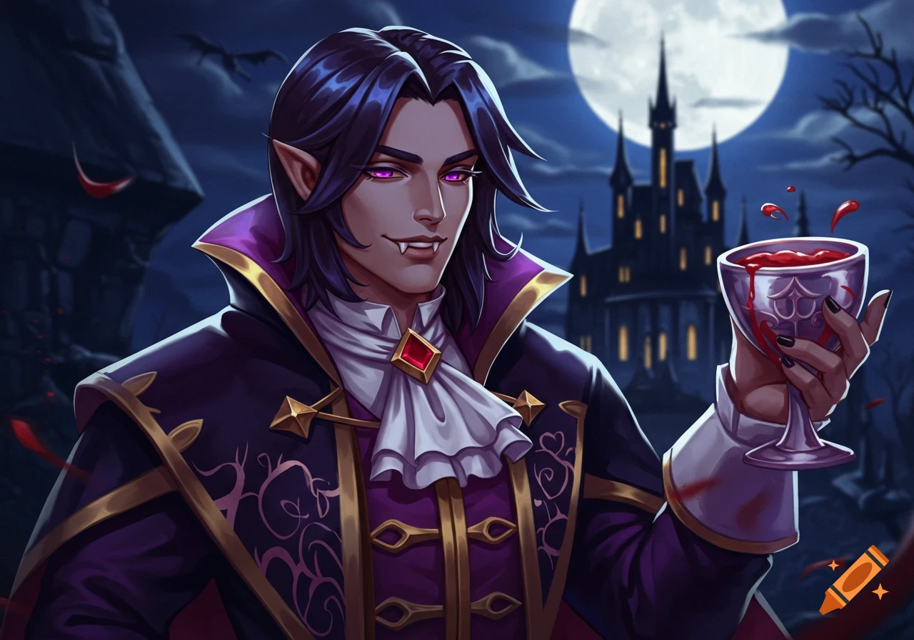 A vampire character holds a goblet of red liquid in front of a castle at night.