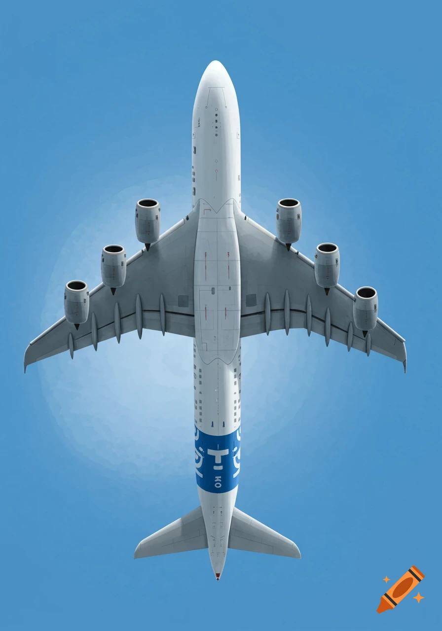 An Airbus A380 airplane seen from above against a blue sky.