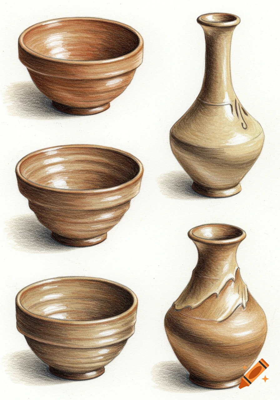 Colored pencil drawing of five brown ceramic bowls and vases on a white background.