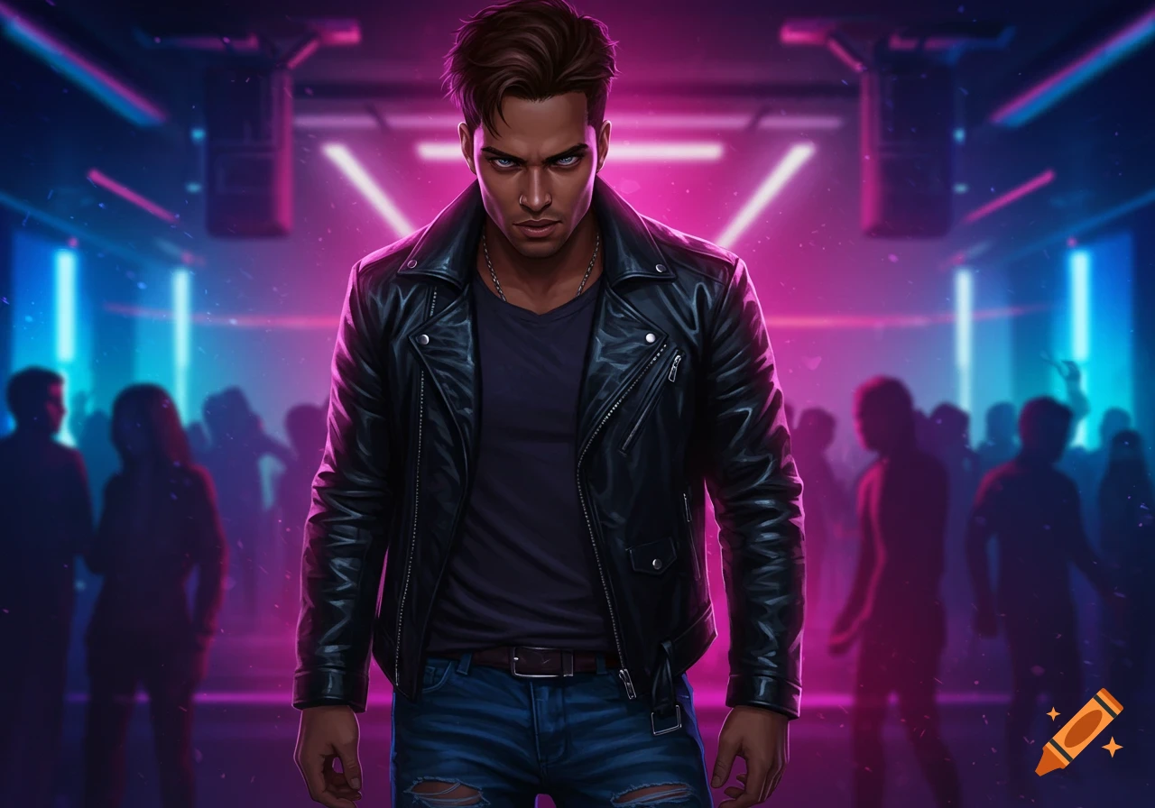 A man in a leather jacket is standing in a neon-lit club.