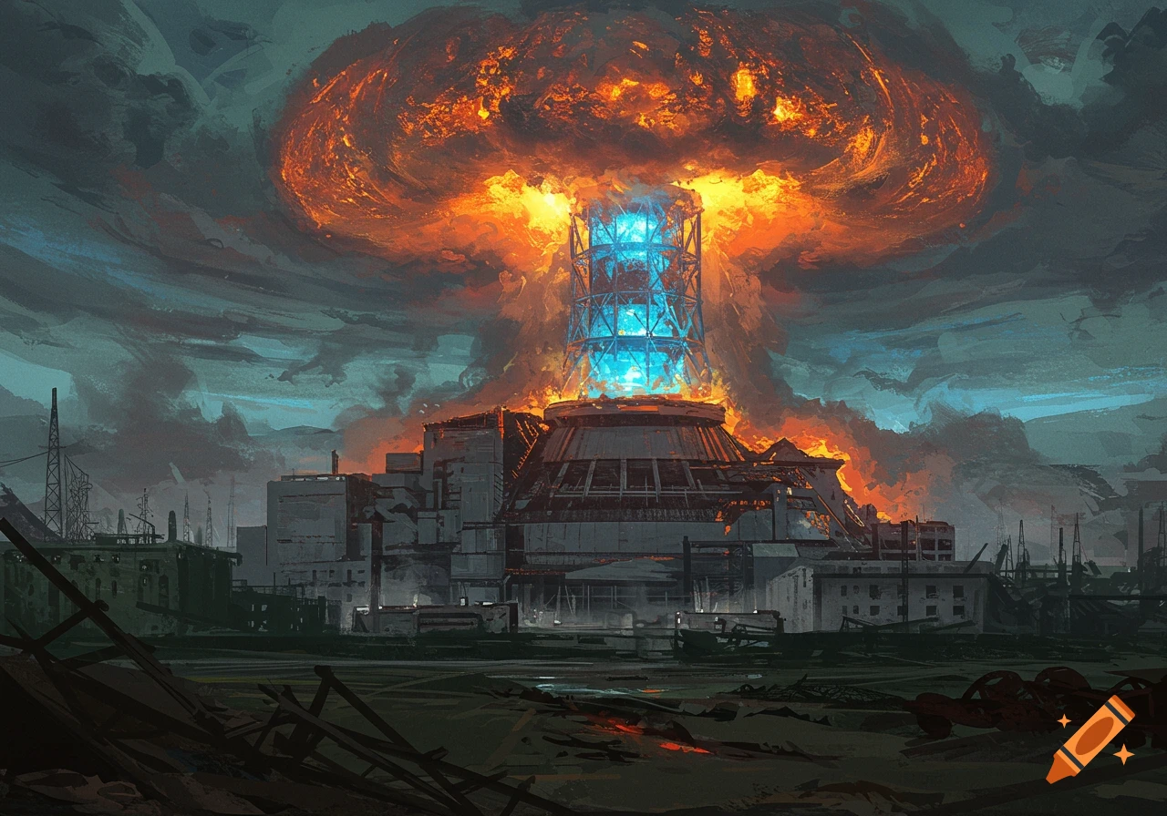 The Chernobyl nuclear power plant during a meltdown, with a fiery mushroom cloud above.