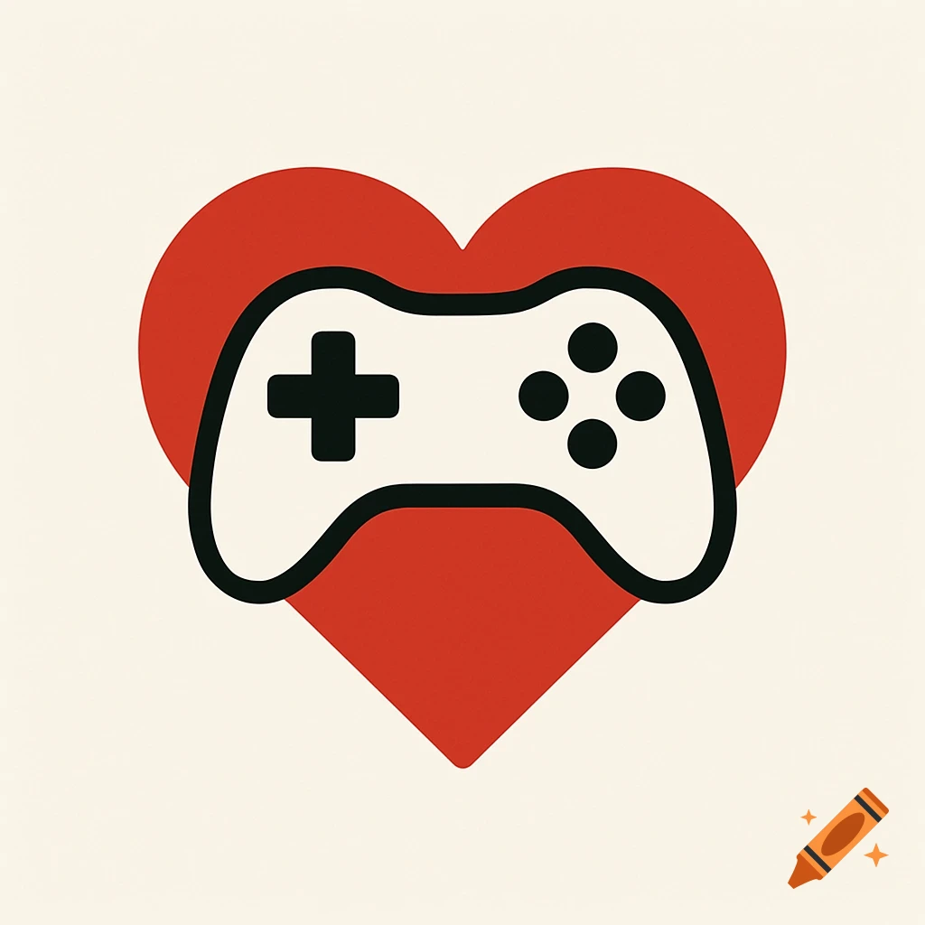 A minimalist logo featuring a white game controller outline within a red heart shape.