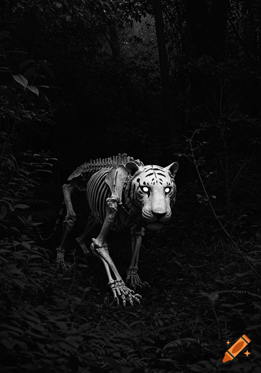 A skeletal tiger with glowing eyes stalks in a dark forest at night.