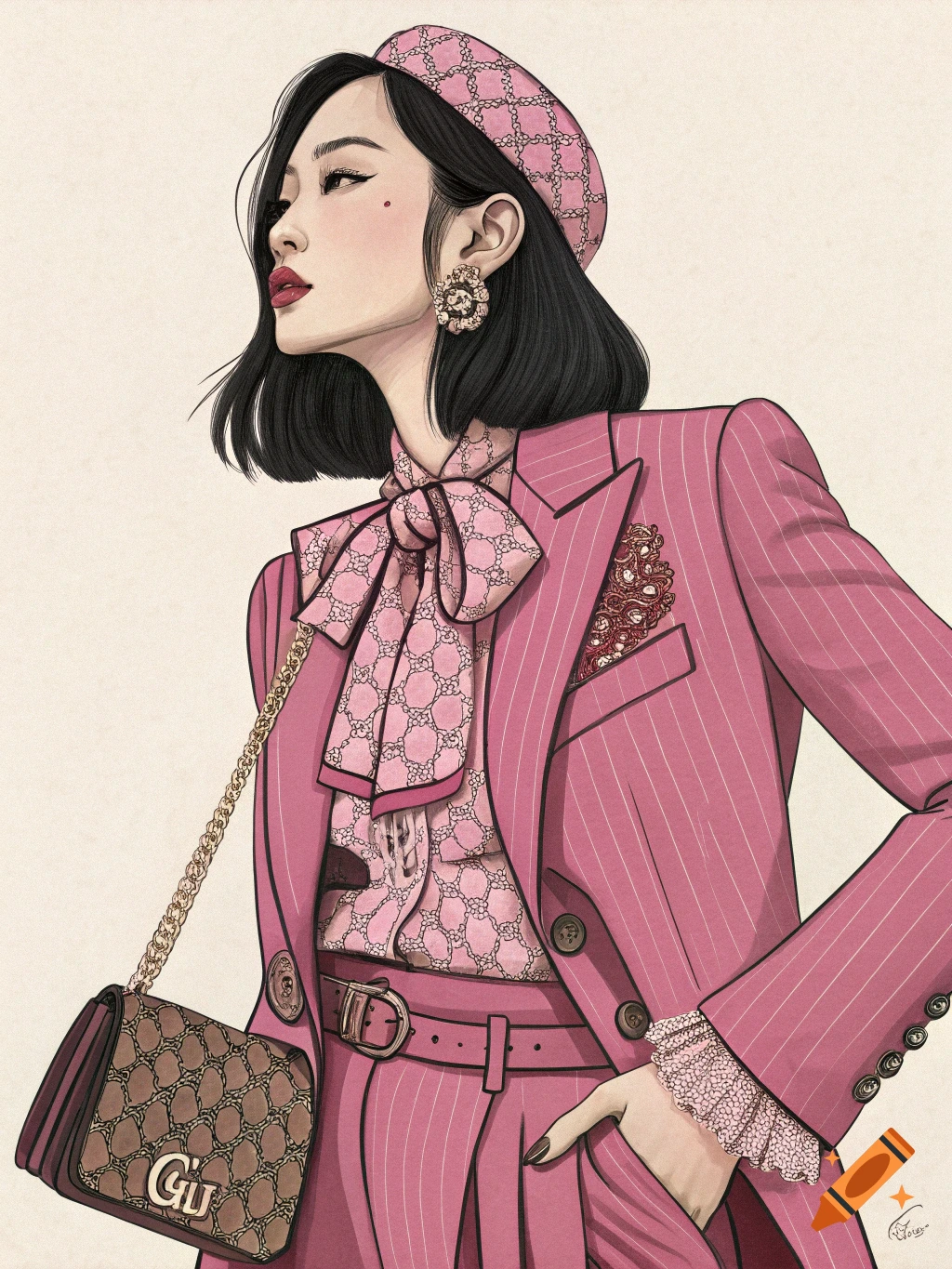 Illustration of a woman in a pink pinstripe suit, beret, and patterned blouse with a handbag.