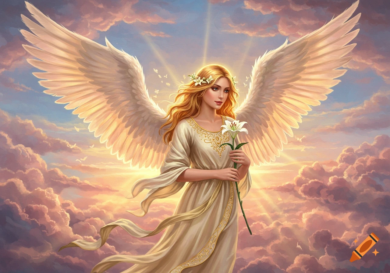 A beautiful angel with large wings holds a white lily, illuminated by golden sunlight streaming through pink clouds. Illustration style.