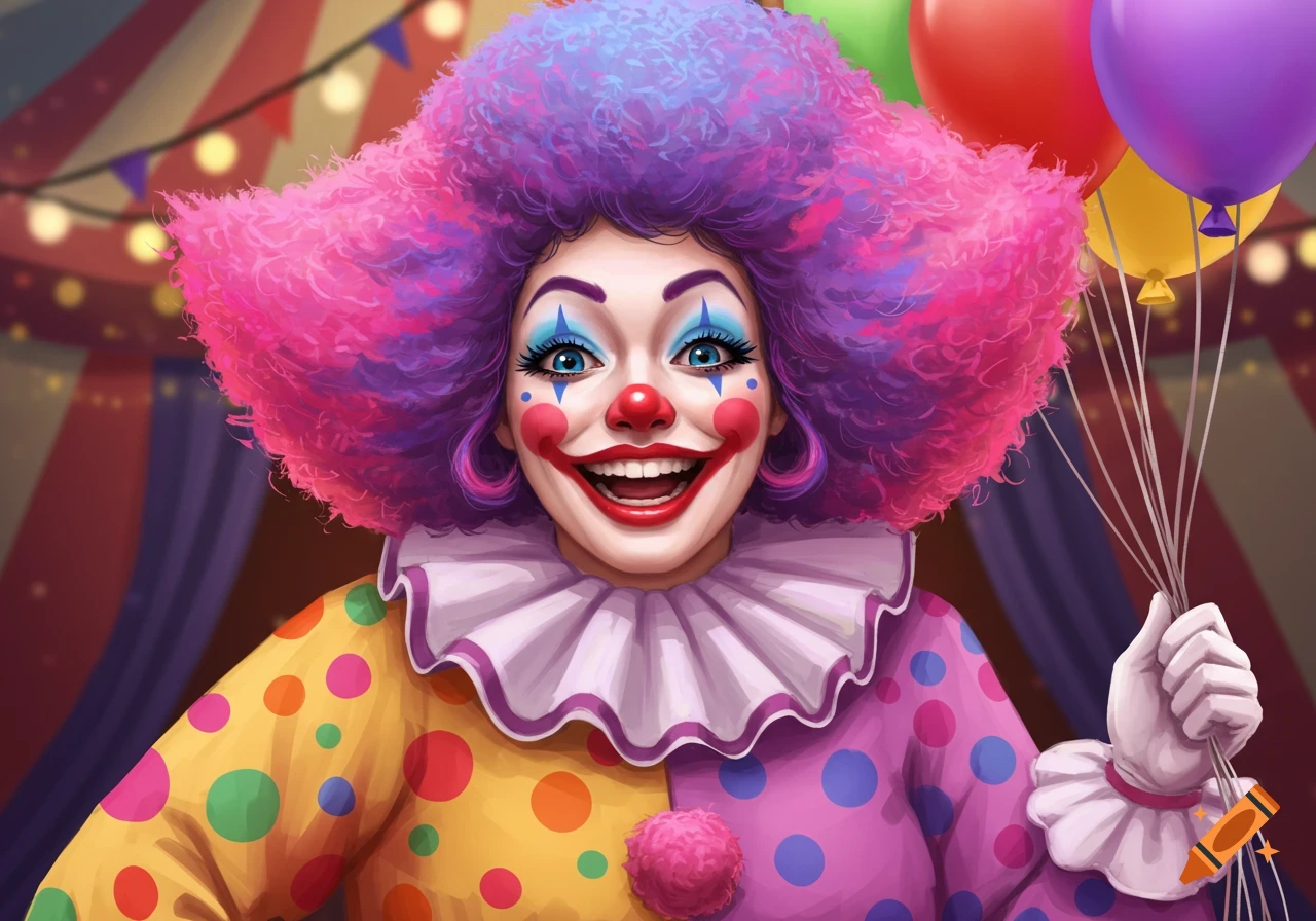 A smiling clown in a circus tent holding balloons