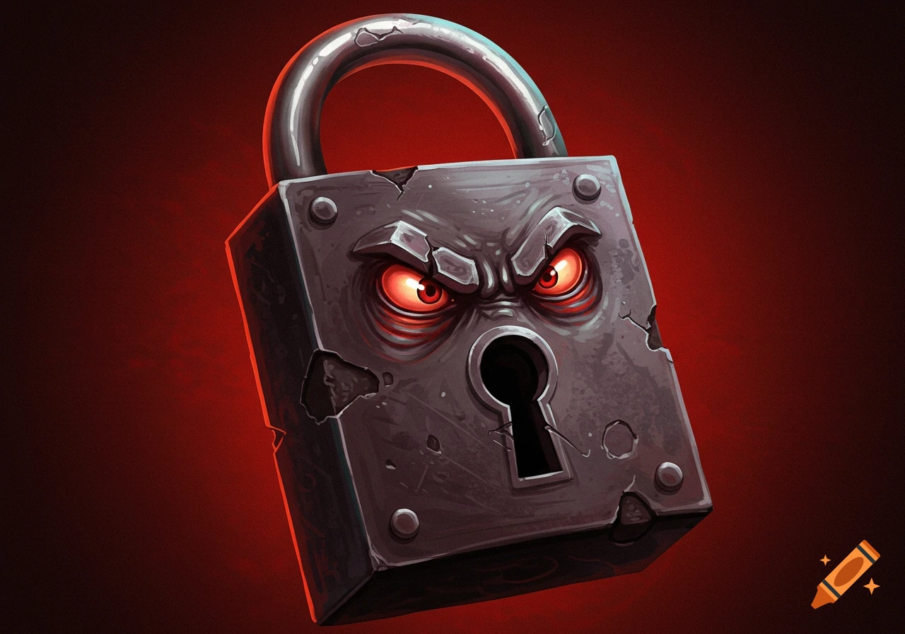 An angry, stylized padlock with glowing red eyes on a dark red background.