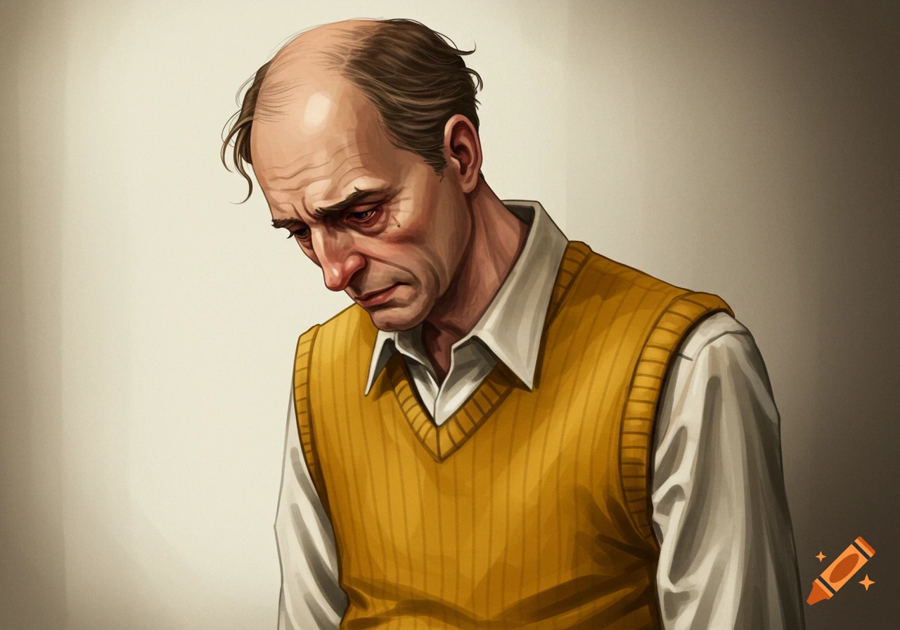 A balding man in a yellow sweater vest is looking down sadly.