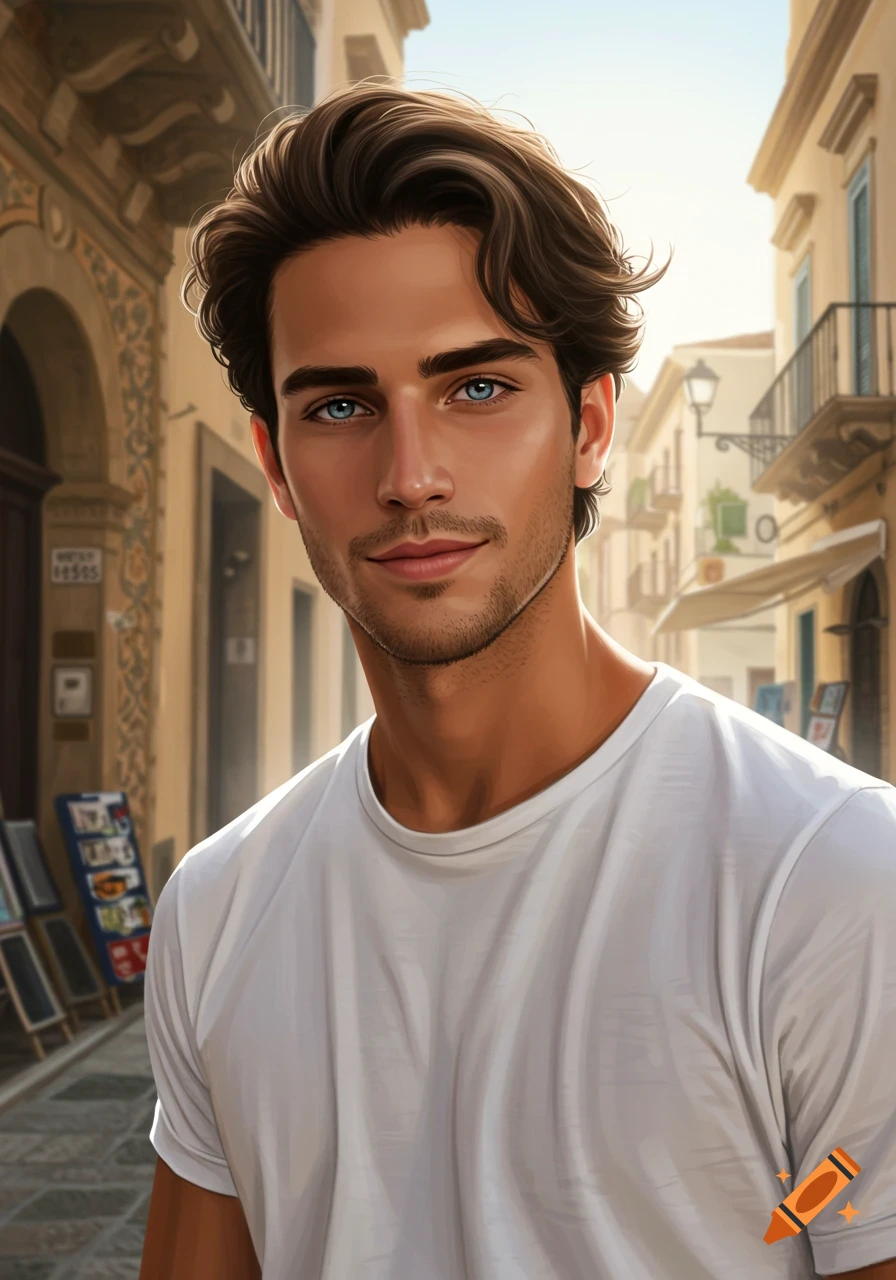 A man in a white t-shirt stands on a sunny street in a European city.