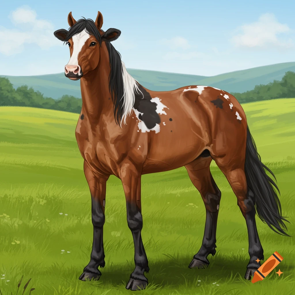 A brown and white spotted hybrid animal stands in a grassy field.