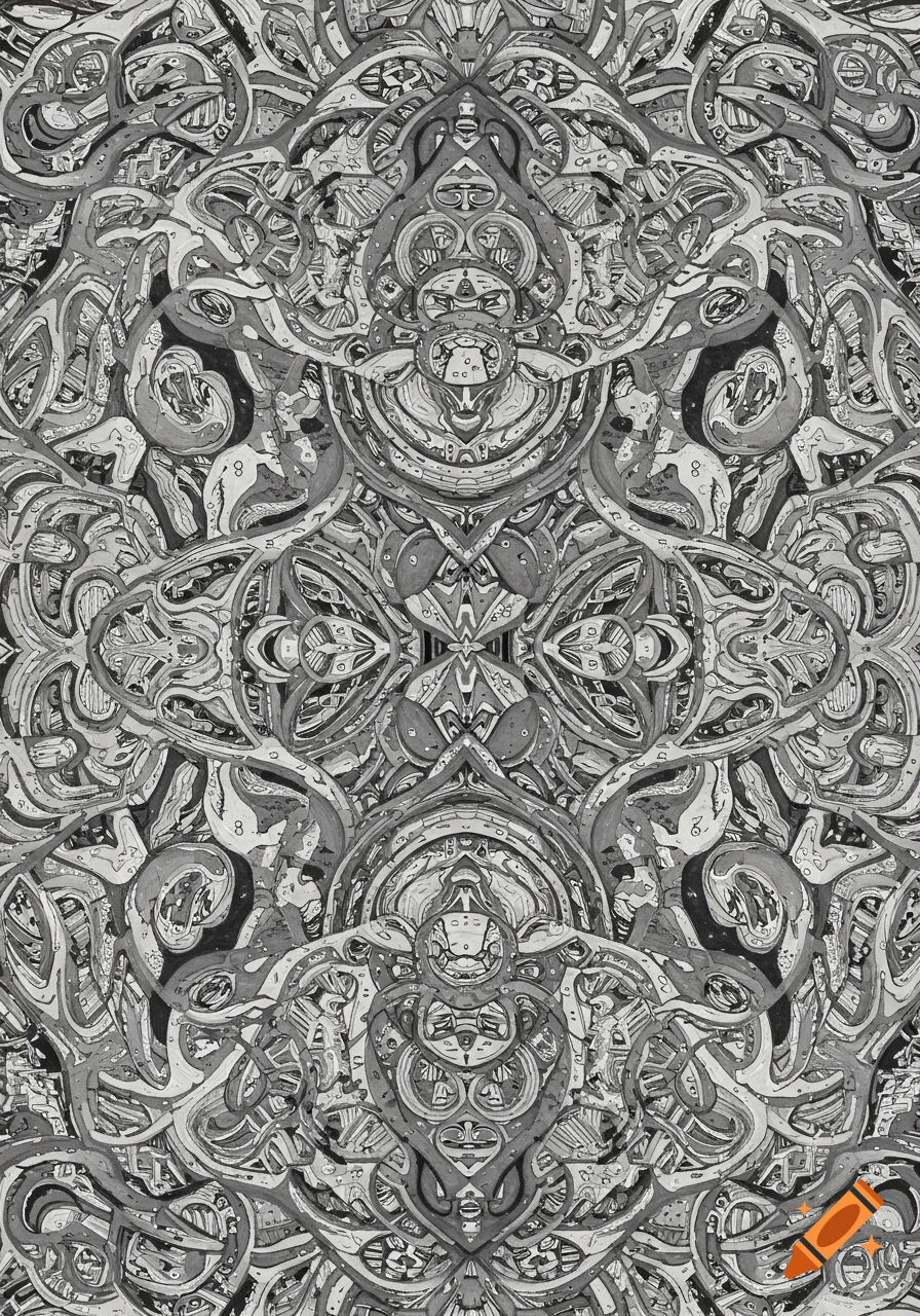 Symmetrical abstract pattern resembling paint-by-numbers design in grayscale.